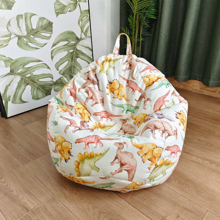 teardrop kids bean bag with water-colour dinosaur pattern on cream background