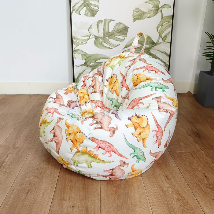teardrop kids bean bag with water-colour dinosaur pattern on cream background
