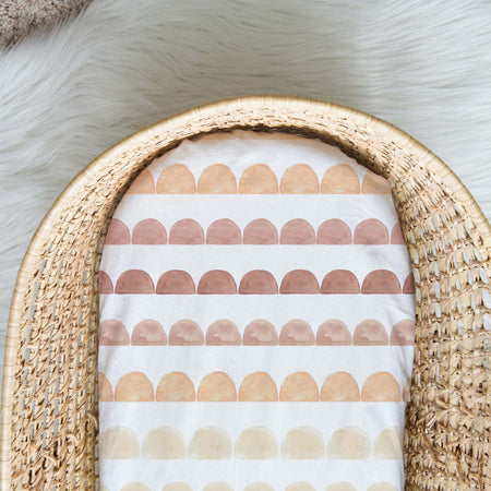 Baby bassinet fitted sheet made from cotton & spandex - Heidi design earthy tones layers of half rounds.
