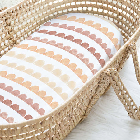 Baby bassinet fitted sheet made from cotton & spandex - Heidi design earthy tones layers of half rounds.