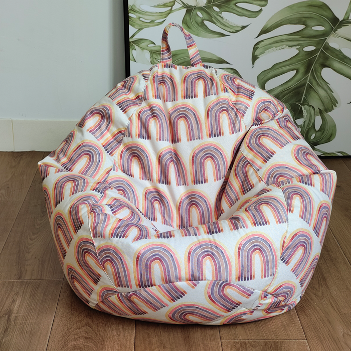 This isteardrop kids bean bag with Holly  pattern  of colourful rainbows