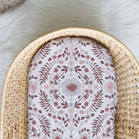 Baby bassinet fitted sheets  & Change mat cover - soft floral, folky pastel pinks & maroon