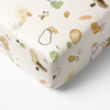 Baby fitted cot sheets made from cotton and spandex , abstract print of greens mustards and cream 