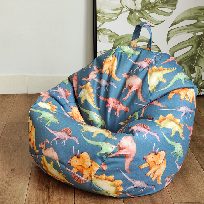 teardrop kids bean bag with water-colour dinosaur pattern on blue background