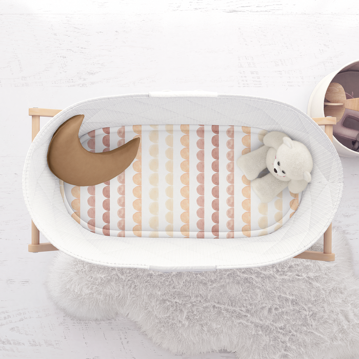 Baby bassinet fitted sheet made from cotton & spandex - Heidi design earthy tones layers of half rounds.